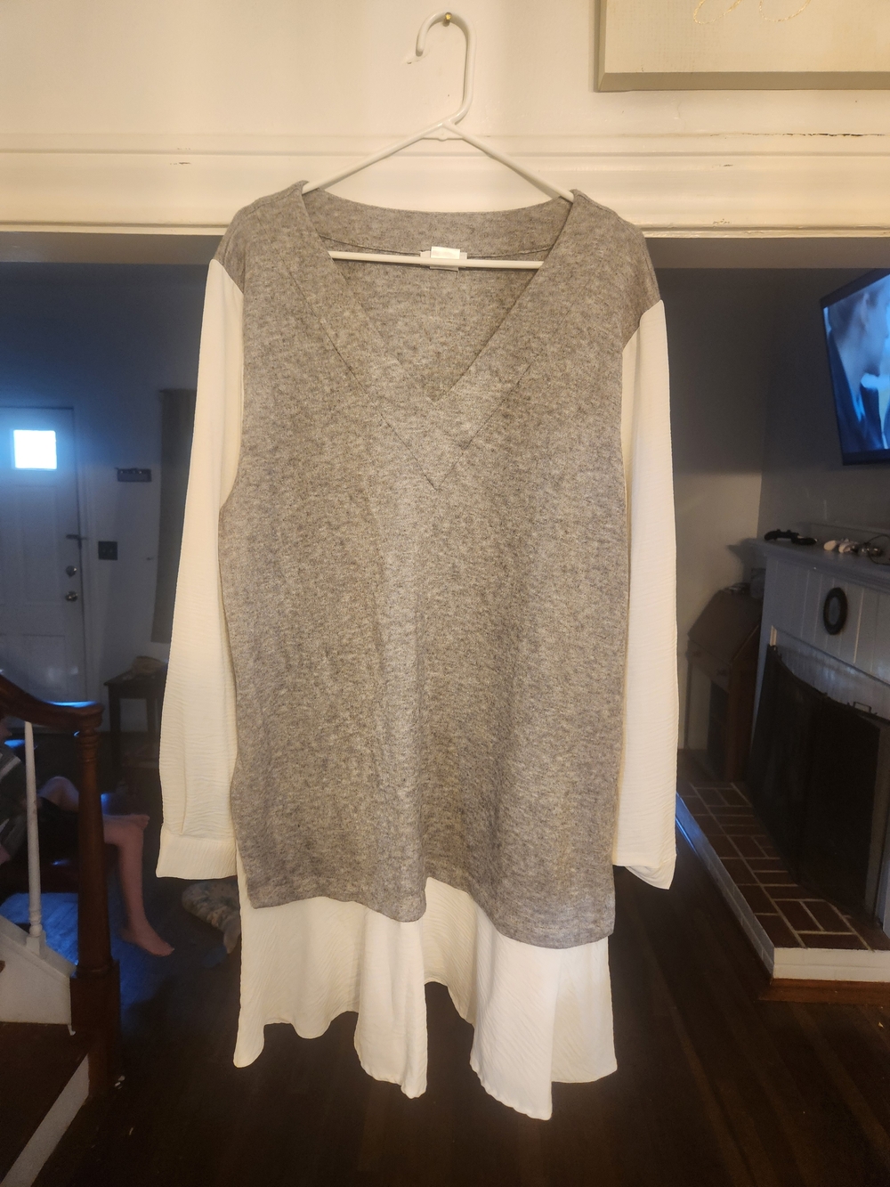 DKNY Gray V-Neck Sweater dress with White Layered Hem